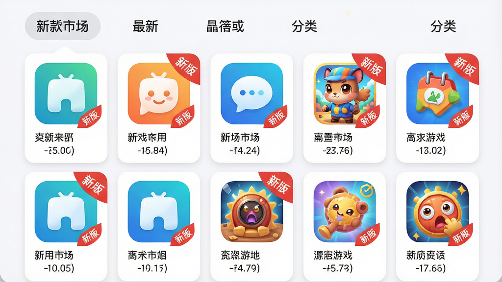 主体:新款市场应用列表页面,展示各类最新应用和游戏;布局:网格排列的应用图标,上方有分类标签;排版:整齐的卡片式布局,每个图标下方带名称和版本号;风格:清新简洁,色彩明快;细节:图标下方有“新版”红色角标,突出“新款市场”每日更新;画质:高清,干净,无多余元素