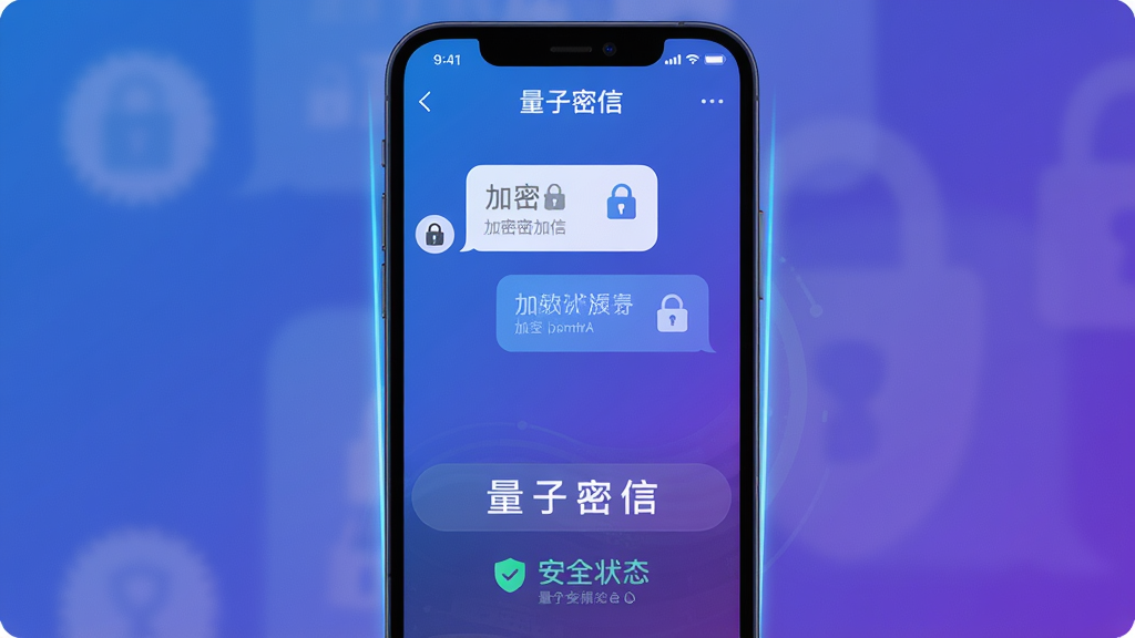 主体:量子密信APP界面,展示加密聊天窗口与量子盾牌图标;布局:手机屏幕居中,上方为对话气泡,下方为安全状态标识;排版:简洁清晰,突出“量子密信”品牌字样;风格:科技感、现代扁平化,蓝紫色渐变背景;细节:对话气泡带有锁形图案,界面边缘有光效;画质:高清渲染,干净,无多余元素