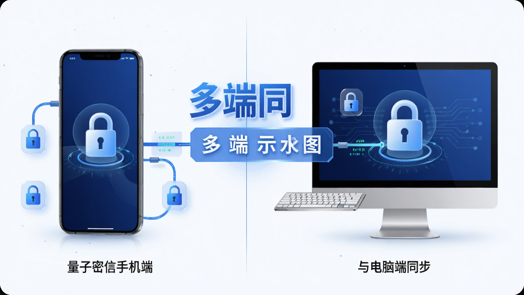 主体:量子密信手机端与电脑端同步示意图;布局:左侧手机,右侧电脑,中间数据流转;排版:分屏展示,突出“多端同步”字样;风格:蓝白科技风,简洁明亮;细节:设备周围有加密锁图标,数据线连接;画质:高分辨率,干净,无多余元素