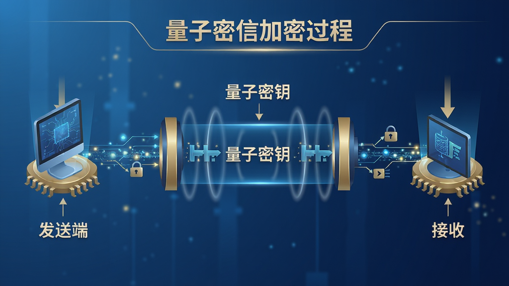 主体:量子密信加密过程抽象图,展示密钥生成与传输;布局:左右对称,左侧为发送端,右侧为接收端,中间有量子信道;排版:流程图风格,标注“量子密钥”字样;风格:科技蓝金色调,数据流线状连接;细节:密钥以发光粒子形式呈现,信道周围有干扰波纹;画质:高清晰度,干净,无多余元素