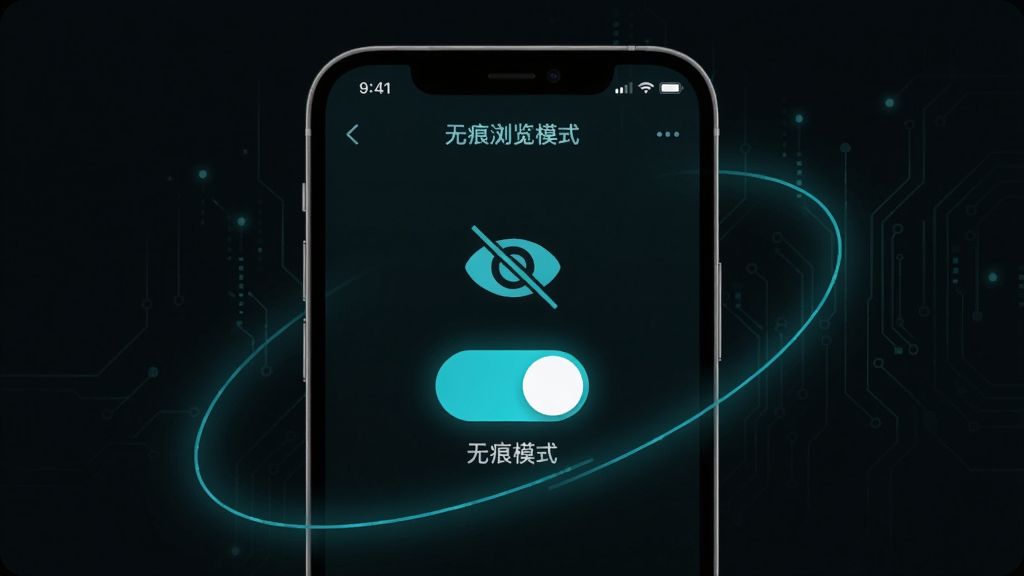 主体:量子密信无痕浏览模式界面,手机屏幕显示“无痕模式”开关;布局:手机居中,周围有隐身效果线条;排版:极简风格,开关醒目;风格:暗色背景,青色高光,科技感;细节:屏幕上有眼睛划斜线图标,代表防追踪;画质:高清,干净,无多余元素
