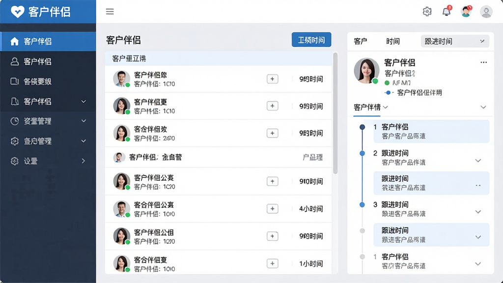 一幅展示客户伴侣软件主界面的高清截图,界面左侧为清晰的导航菜单,中央是客户列表,右侧显示客户详情与跟进时间线,整体采用蓝白配色,扁平化设计风格,界面整洁干净,文字清晰可读,突出“客户伴侣”的品牌标识,画质细腻,无多余元素