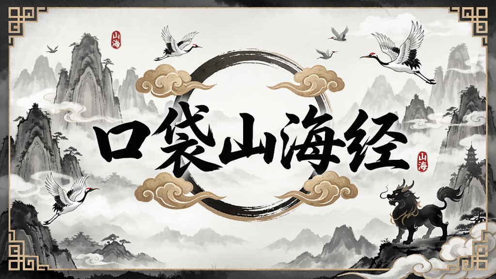 一幅精美的国风水墨风格游戏宣传图,主体为《口袋山海经》的游戏LOGO,背景是云雾缭绕的仙山与神兽剪影,画面中央有“口袋山海经”五个大字,布局居中,排版大气,细节包含祥云、飞鹤与古典纹饰,画质细腻,干净无多余元素。