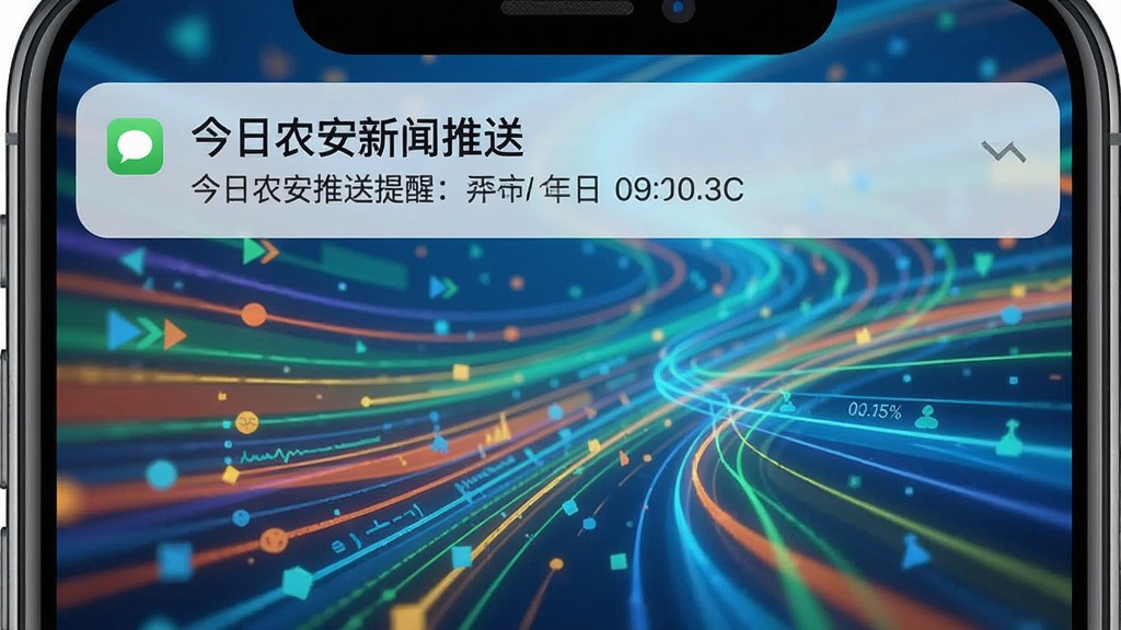 今日农安新闻推送界面,手机通知栏显示今日农安推送的新闻提醒,背景为抽象的信息流图形,突出快速及时的特点,画面简洁,色彩鲜明,画质干净