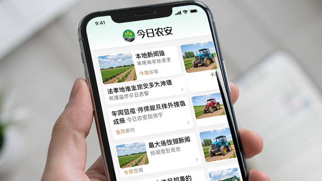 今日农安app主界面展示,手机屏幕显示新闻列表,包含本地新闻标题和图片缩略图,界面简洁清晰,上方有今日农安logo,整体风格现代,色彩明亮,画质干净,无多余元素
