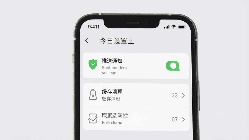 今日农安使用指南插图,手机屏幕展示应用设置页面,包含推送通知、缓存清理等选项,背景为淡灰色的操作界面,风格简洁,画质干净