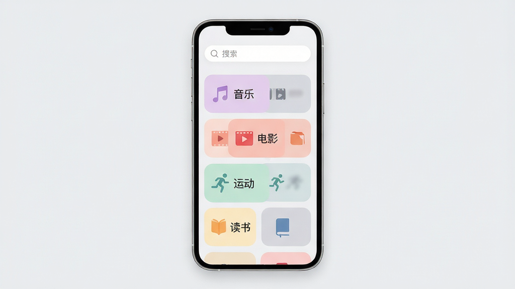 主体:斯圈App的兴趣匹配功能界面,显示多个兴趣标签卡片,如“音乐”、“电影”、“运动”、“读书”。布局:手机界面居中,卡片呈瀑布流排列,顶部有搜索框。排版:卡片大小均匀,间距适中,色彩柔和。风格:清新简约,扁平化设计,背景为浅灰色。细节:每个卡片上有一个小图标和文字标签,卡片圆角处理。画质:高清,干净,无多余元素。