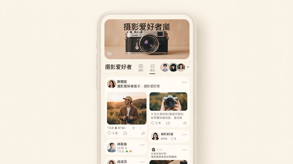 主体:斯圈App的圈子社区界面,显示一个“摄影爱好者”圈子的页面,有帖子列表和成员头像。布局:手机界面居中,帖子以瀑布流展示,顶部有圈子封面图。排版:帖子卡片大小不一,图片和文字混排,间距均匀。风格:文艺清新,色调温暖,背景为米白色。细节:帖子卡片有圆角,成员头像在顶部排列,封面图是相机图案。画质:高清,干净,无多余元素。