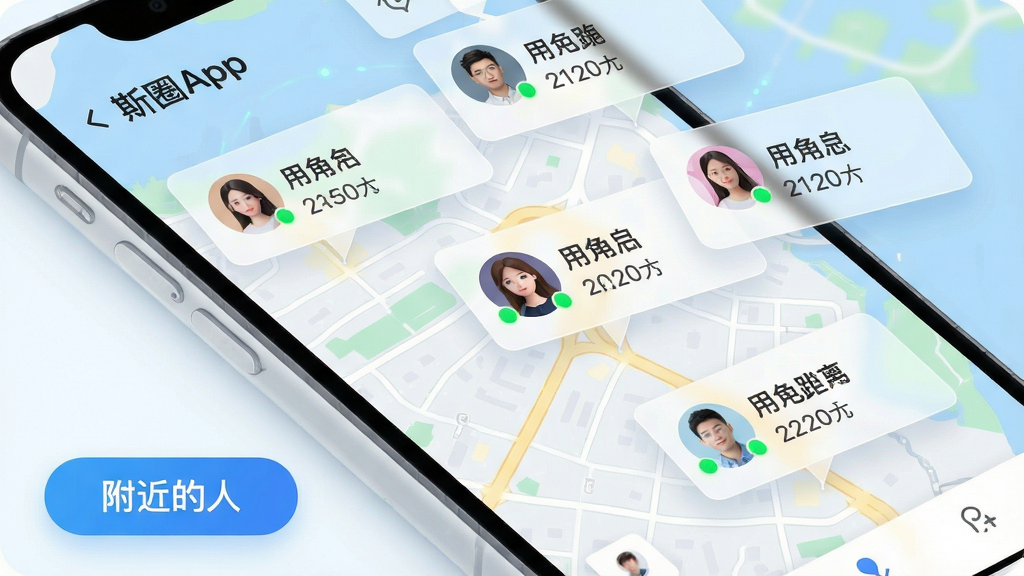 主体:斯圈App的同城互动功能界面,显示地图上的用户头像和动态卡片。布局:地图为背景,头像和动态卡片浮在地图上,左下角有“附近的人”按钮。排版:头像大小一致,卡片半透明,信息清晰。风格:科技感,色彩明亮,地图为浅色系。细节:头像带有在线绿点,卡片显示用户名和距离。画质:清晰,干净,无多余元素。