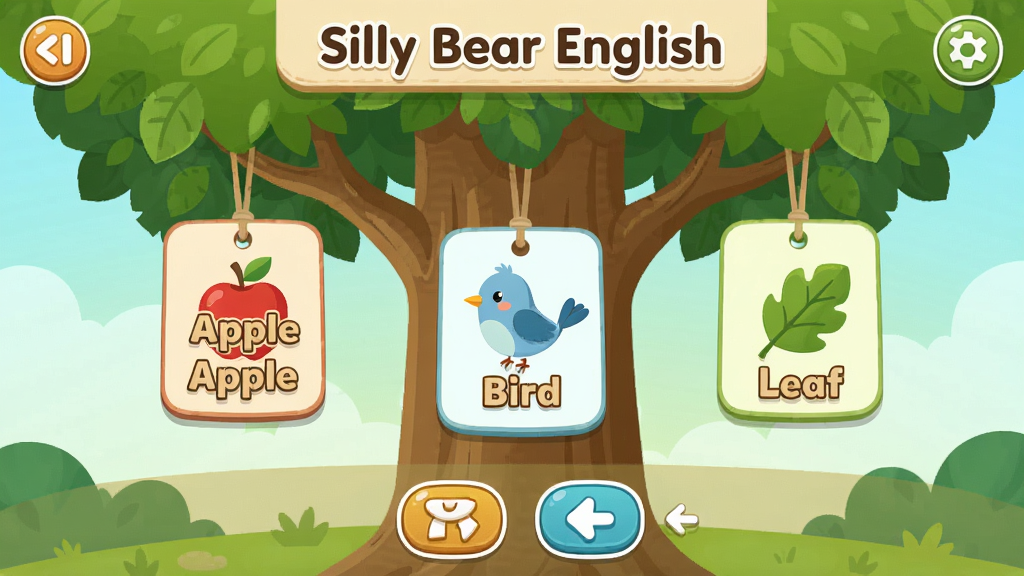 图片主体为Silly Bear English应用内的一个森林主题学习场景界面,画面中央是一棵大树,树上挂着标有