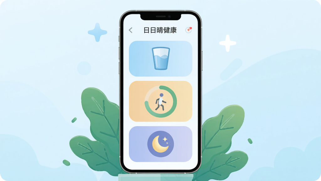 一幅展示日日晴健康应用主界面的高清数字插画,画面中央是一部智能手机,屏幕显示着色彩柔和的健康数据仪表盘,包含饮水杯、步数环和睡眠月亮图标,背景是清新的淡蓝色渐变,搭配绿色植物叶片元素,整体布局居中,扁平化风格,细节精致,画质干净无多余元素
