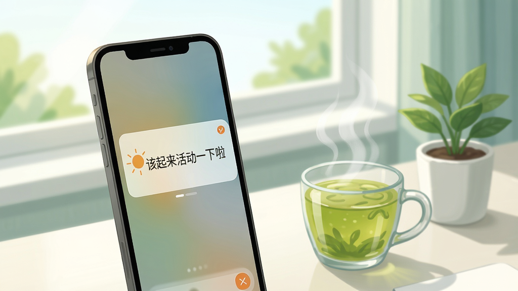 日日晴健康的智能提醒功能场景图,画面展示一部手机弹出温馨的提醒通知,通知卡片上写着“该起来活动一下啦”,旁边放置着一杯冒着热气的绿茶和一个小绿植,背景是明亮的窗边办公桌,浅景深效果,插画风格,色彩清新自然,布局简洁,画质干净无多余元素