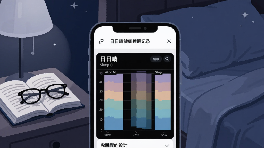 一部手机正在运行日日晴健康的睡眠记录页面,背景是夜晚的卧室环境,手机屏幕显示深浅不一的睡眠阶段色条,画面带有助眠的深蓝色调,构图以手机为主体,床头柜上放着一本翻开的书和眼镜,扁平插画风格,细节干净,画质清晰无多余元素