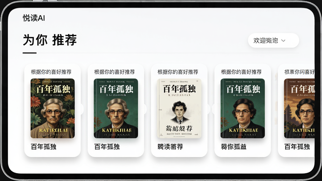 主体:悦读AI的“为你推荐”页面。布局:顶部是欢迎语,下方是推荐卡片流。排版:卡片横向滑动,每张卡片显示书名和封面。风格:卡片圆角,阴影柔和。细节:推荐卡片标注“根据你的喜好推荐”,包含《百年孤独》等书籍。画质:高清,界面美观。