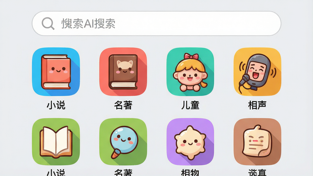 主体:悦读AI应用的内容分类页面。布局:顶部是搜索栏,下方是分类图标网格,包括“小说”、“名著”、“儿童”、“相声”等。排版:图标整齐排列,色彩鲜艳。风格:简洁明快,图标设计可爱。细节:每个分类图标下方有文字标签,背景为浅灰色。画质:清晰,色彩饱和,无多余元素。