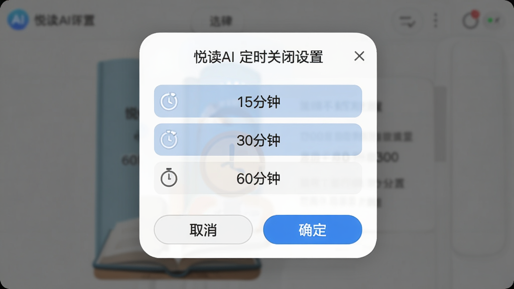 主体:悦读AI的定时关闭设置弹窗。布局:弹窗居中,显示时间选项列表。排版:列表清晰,选中项高亮。风格:简洁,弹窗圆角设计。细节:显示“15分钟”、“30分钟”、“60分钟”等选项,底部有“取消”和“确定”按钮。画质:高清,界面干净。