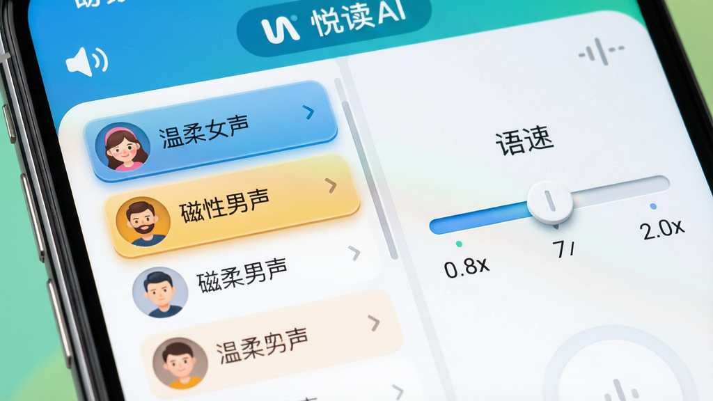 主体:手机屏幕特写,显示悦读AI的语音设置界面。布局:左侧是音色列表,右侧是语速调节滑块。排版:界面层次分明,选项清晰。风格:拟物化与扁平化结合,色彩明快。细节:音色列表中有“温柔女声”、“磁性男声”等选项,语速滑块标注“0.8x”到“2.0x”。画质:高清,细节丰富,无多余元素。