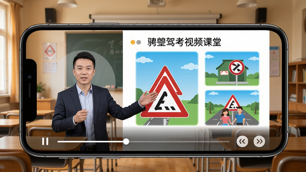 展示骋驾考视频课堂页面,手机屏幕内播放讲师讲解交通标志的课程,画面左侧为讲师头像,右侧为幻灯片图文,底部有播放进度条与倍速按钮,背景为教室风格,色调温暖,画质清晰,无多余元素