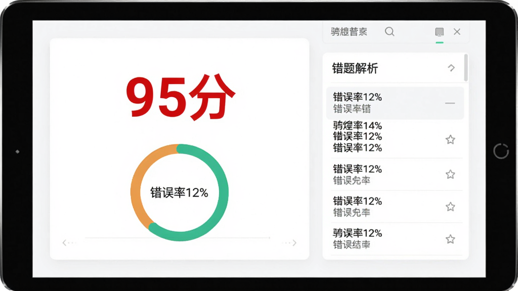 展示骋驾考模拟考试结束后的成绩单页面,屏幕中央显示红色大字“95分”,下方环形统计图标注“错误率12%”,右侧列出错题解析列表,背景为白色卡片风格,界面简洁专业,扁平化设计,画质干净清晰,无多余元素