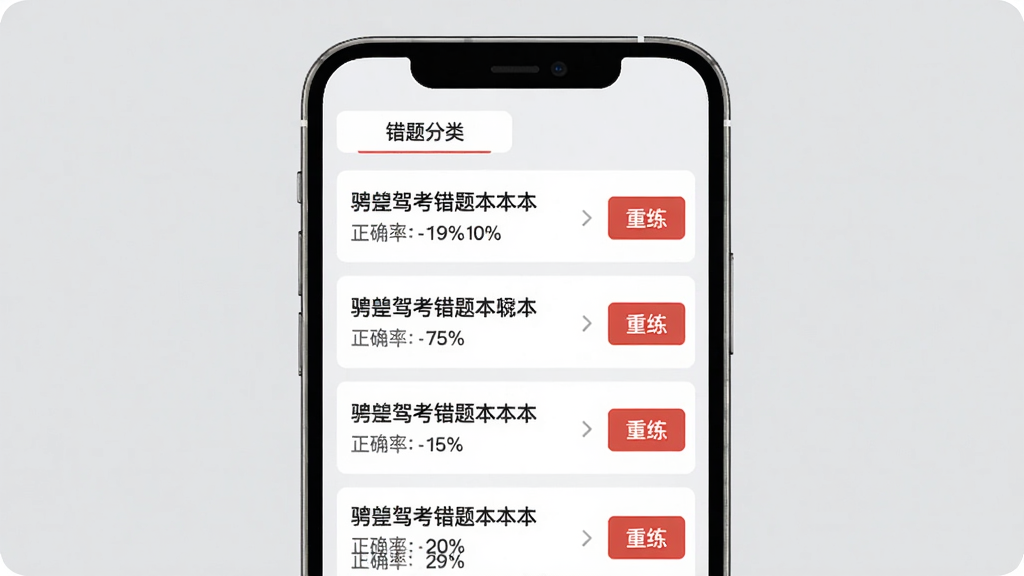 展示骋驾考错题本界面,手机屏幕上方标签栏显示“错题分类”,下方列表展示题目摘要与正确率百分比,每条右侧有红色“重练”按钮,背景为浅灰色,界面清爽,扁平化设计,画质高清,无多余元素