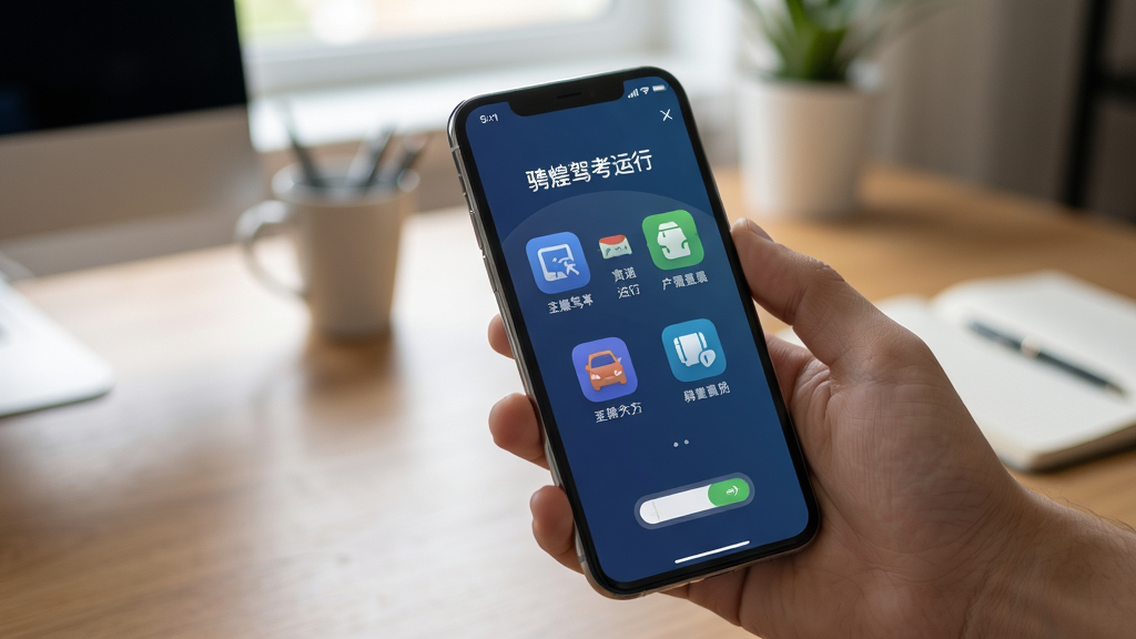 展示骋驾考运行在手机上的实拍图,手机屏幕显示主菜单图标,背景为书桌场景,光线柔和,画面自然,强调软件易用性,画质高清,无多余元素