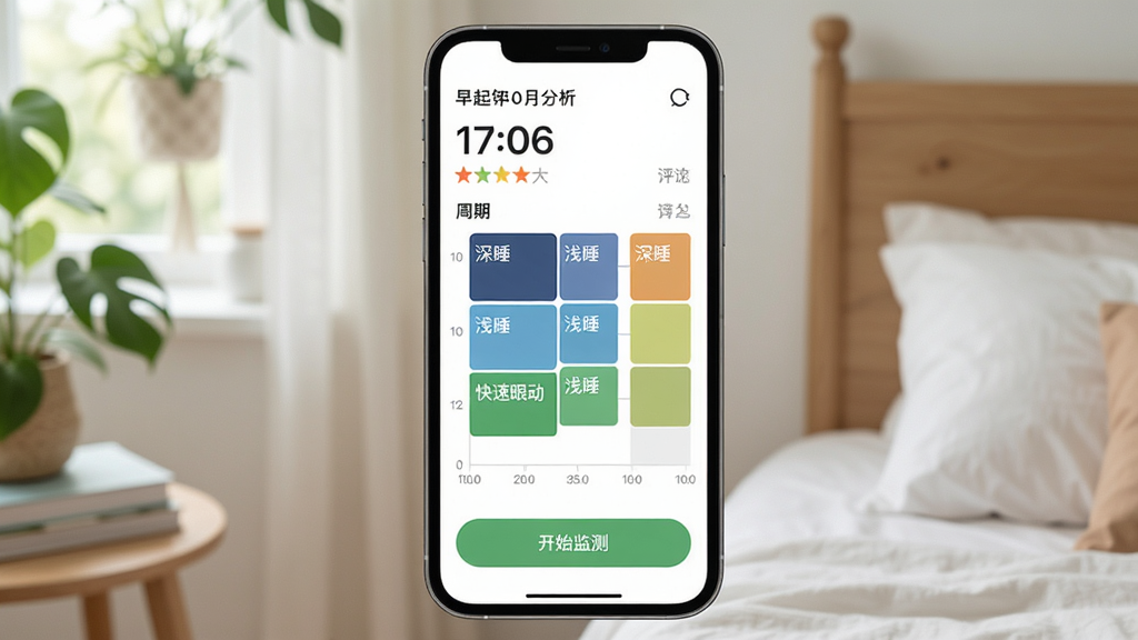 早起闹钟睡眠分析界面,手机屏幕展示睡眠周期图表,包含深睡、浅睡和快速眼动阶段色块,顶部有日期和评分,底部是“开始监测”按钮,界面风格清新自然,画质清晰,无多余元素。