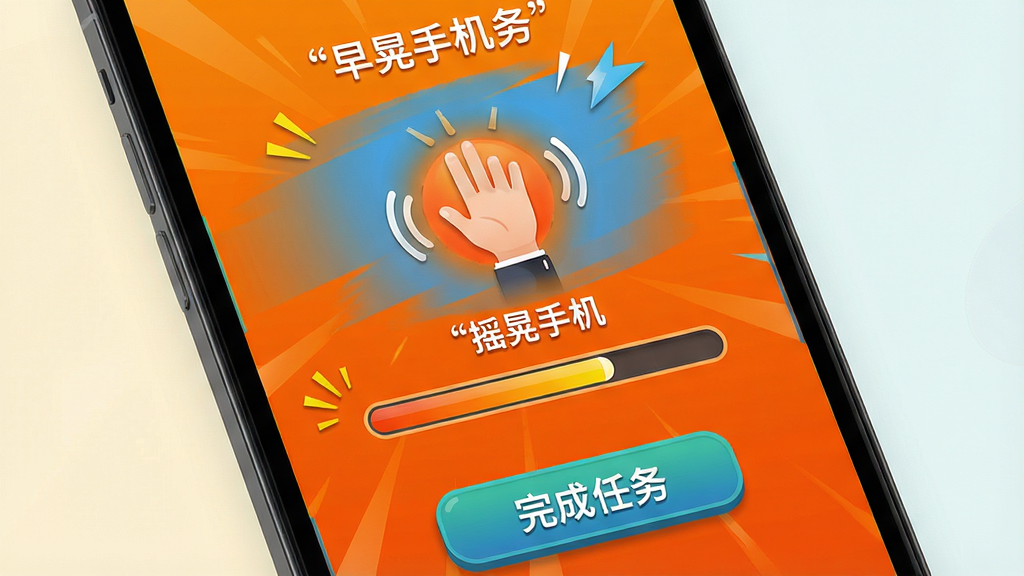 早起闹钟任务挑战界面,手机屏幕显示“摇晃手机”任务动画,背景是活力橙色,中间有进度条,底部有“完成任务”按钮,整体风格活泼动感,画质高清,干净无多余元素。
