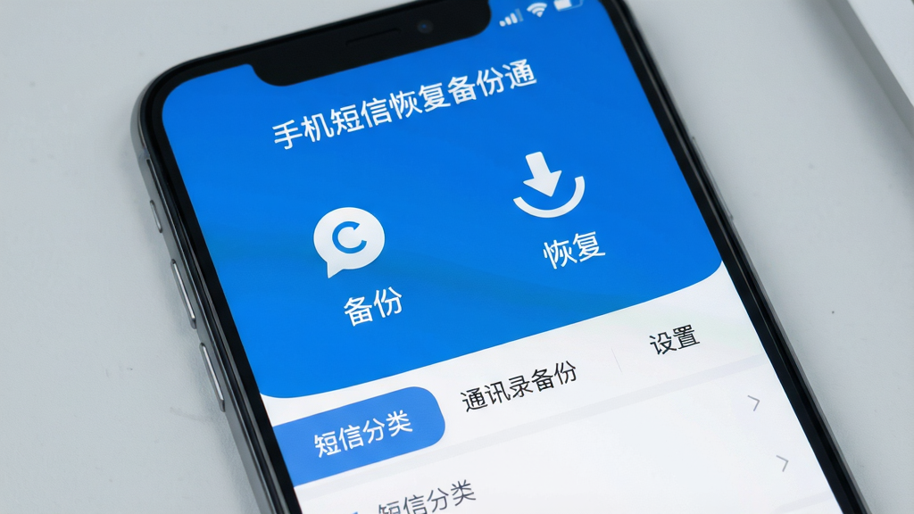 一张智能手机屏幕特写,屏幕中央显示“手机短信恢复备份通”APP主界面,界面设计清爽,以蓝色和白色为主色调,上方展示“备份”与“恢复”两个核心功能大图标,下方排列着短信分类、通讯录备份、设置等菜单栏,手机背景为简洁的浅灰色桌面,整体布局规整,画质高清,干净无多余元素