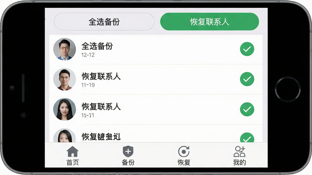 手机短信恢复备份通APP的通讯录备份功能界面,屏幕展示一个联系人列表,每个联系人右侧有一个绿色对勾表示已备份,顶部有“全选备份”和“恢复联系人”两个按钮,界面以浅色背景为主,字体为深灰色,底部导航栏有首页、备份、恢复、我的四个选项卡,整体风格简约现代,画质清晰,无多余元素