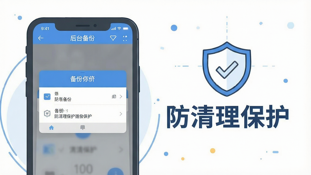 一张展示手机短信恢复备份通软件在手机后台运行的示意图,图片左侧为手机屏幕,显示软件正在后台备份,右侧用线条图例标注“防清理保护”字样,整体风格为简约插画风,以蓝色和灰色为主色调,画面干净,布局清晰,突出重点文字“防清理保护”