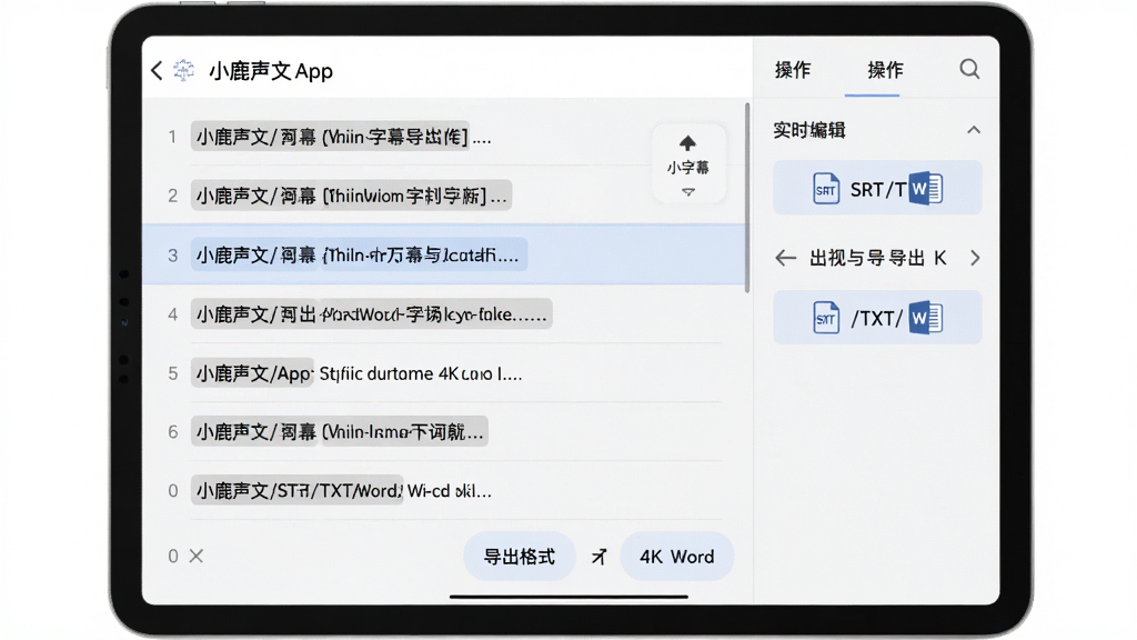 主体:小鹿声文App的实时字幕导出功能,屏幕展示字幕编辑与导出选项;布局:平板设备横屏展示,下方为导出格式按钮;排版:左右分栏,左侧为字幕列表,右侧为操作面板;风格:商务简约风格,浅色背景;细节:字幕高亮显示,导出按钮包含SRT/TXT/Word图标;画质:4K高清,干净,无多余元素
