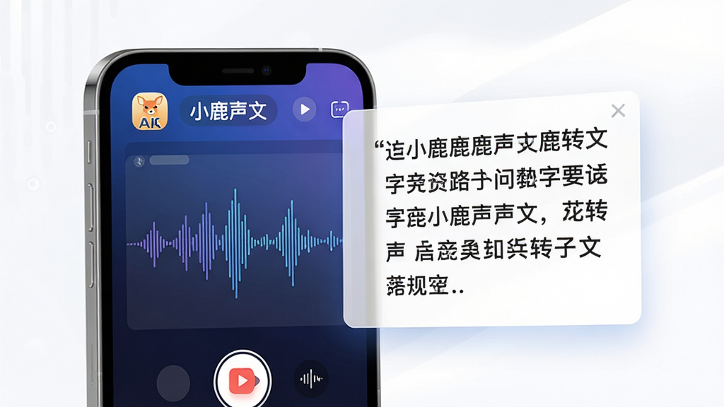 主体:小鹿声文App的界面预览图,手机屏幕清晰显示录音转文字的实时过程;布局:左侧为手机设备,右侧悬浮显示文字流;排版:左右构图,留白适当;风格:现代扁平化设计风格,科技感;细节:界面中文字清晰,包含“小鹿声文”LOGO,波形图动态效果;画质:8K超清渲染,干净,无多余元素