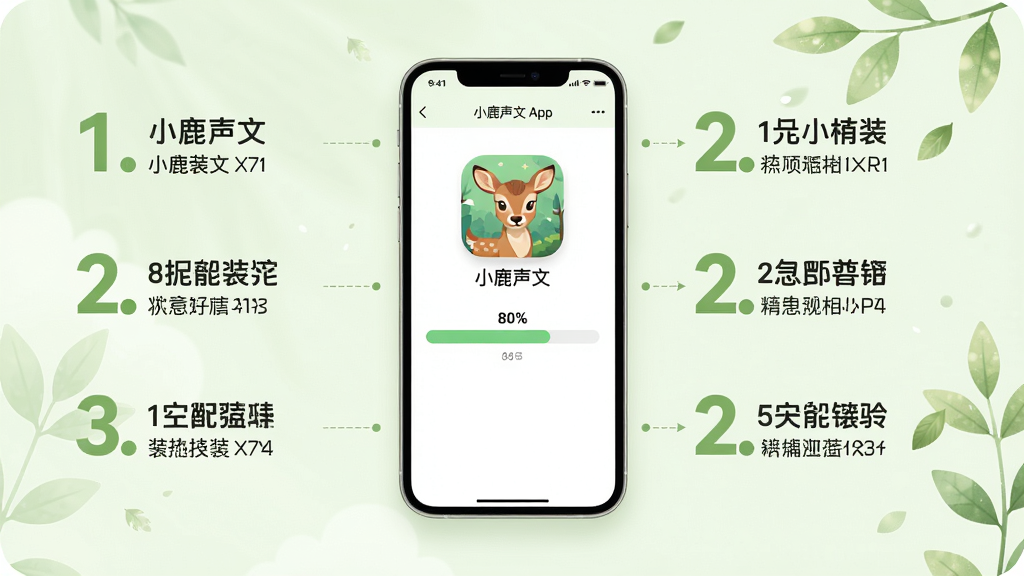 主体:小鹿声文App的安装教程界面,手机显示应用安装进度条;布局:居中构图,手机在中央,周围有步骤说明文字;排版:步骤式排列,数字编号清晰;风格:清新自然,浅绿色调;细节:安装界面有“小鹿声文”图标,进度条显示80%;画质:高清渲染,干净,无多余元素