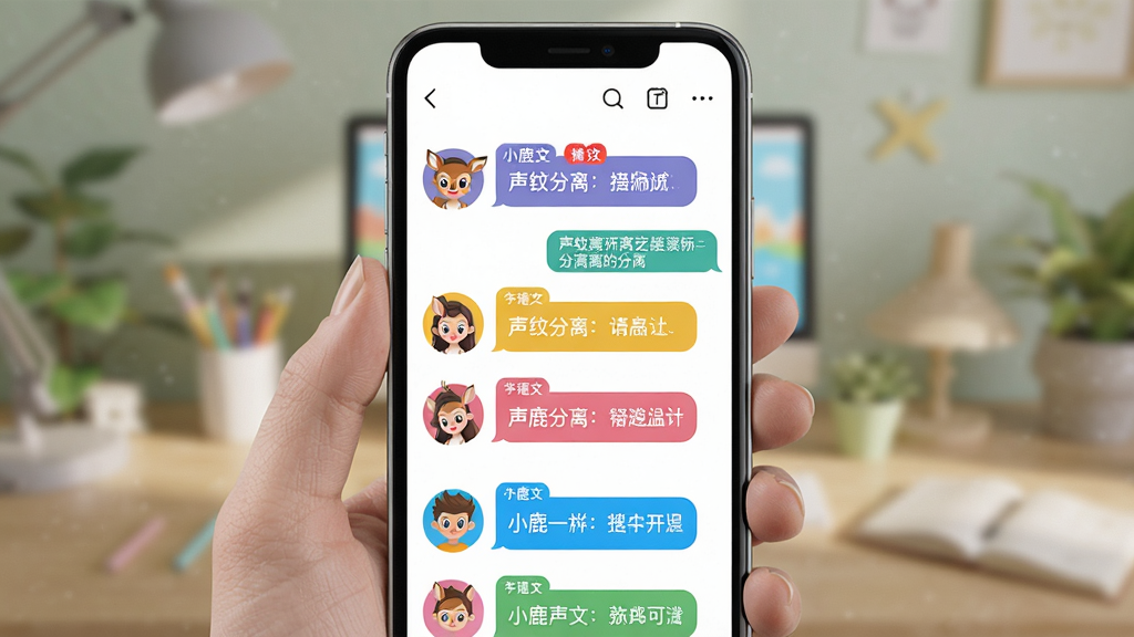主体:小鹿声文App的声纹分离功能,屏幕中显示不同颜色的角色标签;布局:手机竖屏展示,对话气泡按角色颜色区分;排版:列表式布局,角色头像与文本交替;风格:活泼明快,色彩丰富;细节:每个角色带有专属颜色标识,文字清晰;画质:高清渲染,干净,无多余元素