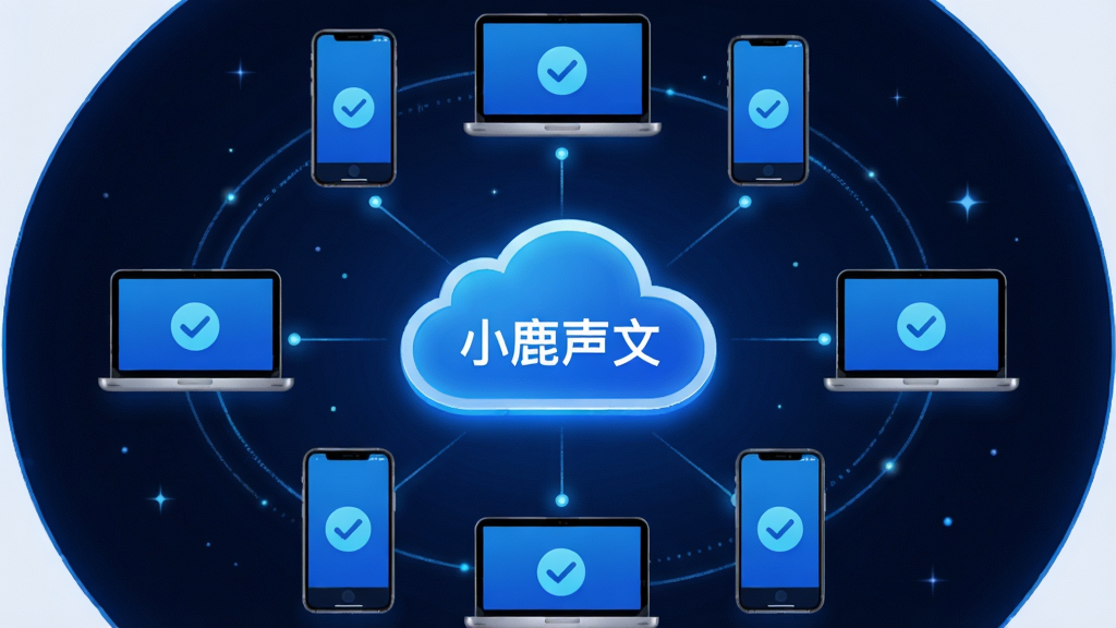 主体:小鹿声文App的云端同步功能,多设备环绕云端图标;布局:圆形环绕构图,中心为云朵图标;排版:对称式排列,设备图标均匀分布;风格:科技感,蓝色调;细节:设备屏幕上显示同步对勾,云端有“小鹿声文”字样;画质:8K超清,干净,无多余元素