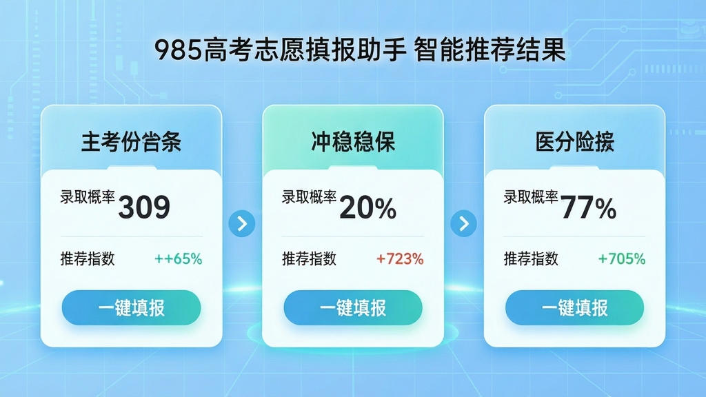 ���壺985�߿�־Ը����������Ƽ����ҳ�棬չʾ���ȱ�����ԺУ��Ƭ�����֣����п�Ƭ���ţ��м��м�ͷָʾ������Ϊǳ��ɫ�Ƽ������Ű棺ÿ�ſ�Ƭ��ʾԺУ���ơ�¼ȡ���ʰٷֱ����Ƽ�ָ������񣺱�ƽ����ƣ�ɫ���������졣ϸ�ڣ���Ƭ��Ե�з���Ч�����ײ��С�һ�������ť�����ʣ��������ȣ��޶���Ԫ�ء�