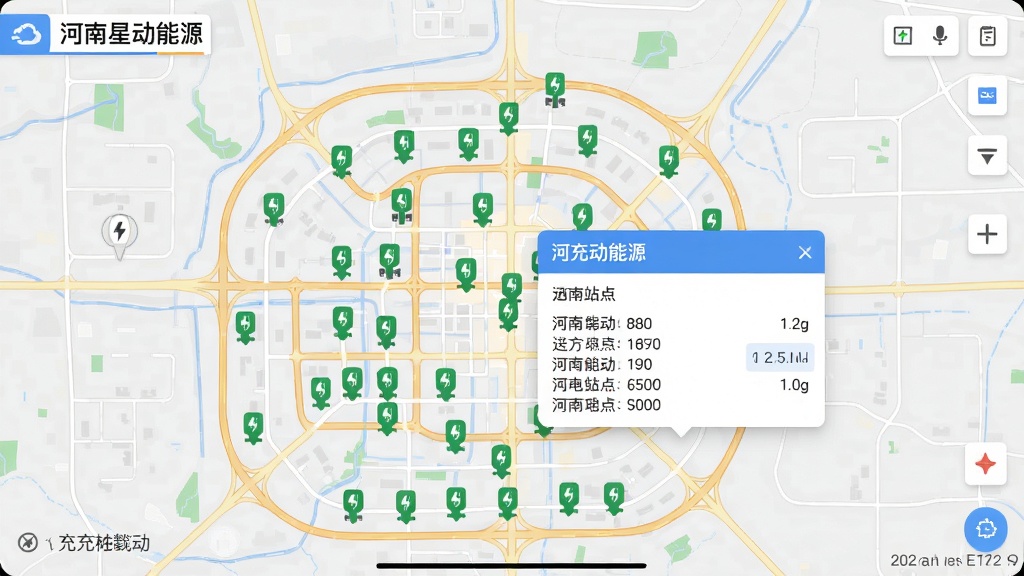 河南星动能源APP的充电桩地图导航页面截图,主体是城市道路地图上的绿色充电点位图标,布局为全屏地图模式,风格扁平化且信息层级分明,细节包含选定站点的详细信息弹窗,画质清晰干净,无多余元素