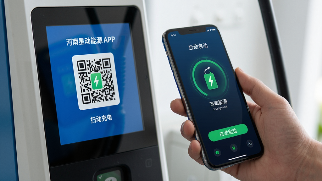 一张展示河南星动能源APP扫码充电功能的使用场景图,主体是手机扫描充电桩屏幕二维码,布局采用特写镜头,风格写实,细节包含手机屏幕上的充电启动动画,画质高清干净,无多余元素