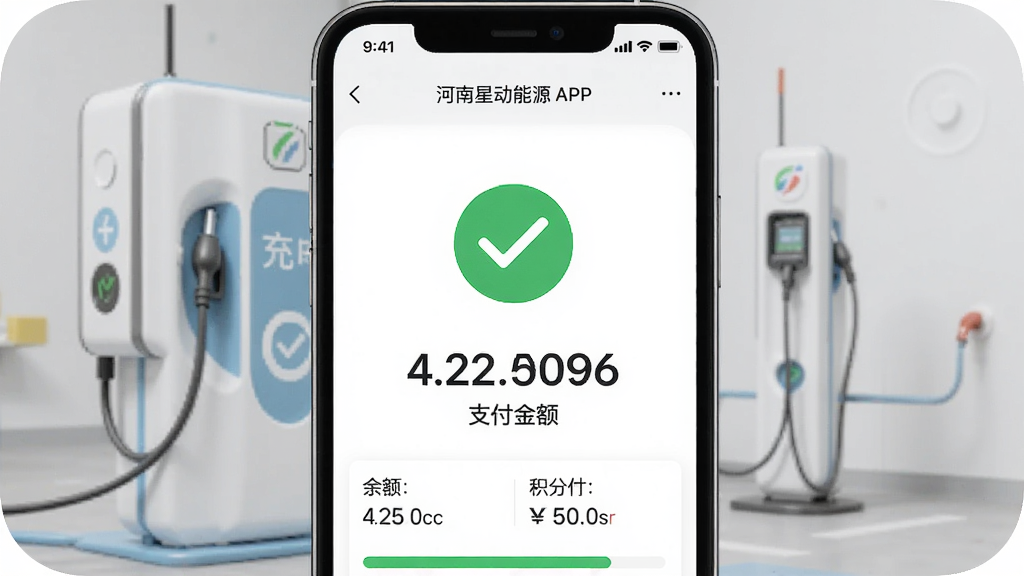 一张展示河南星动能源APP充电支付成功页面的屏幕截图,主体是手机界面中央的大号绿色对勾图标和支付金额,布局居中对称,风格简洁明亮,细节包含余额和积分信息,画质清晰干净,无多余元素