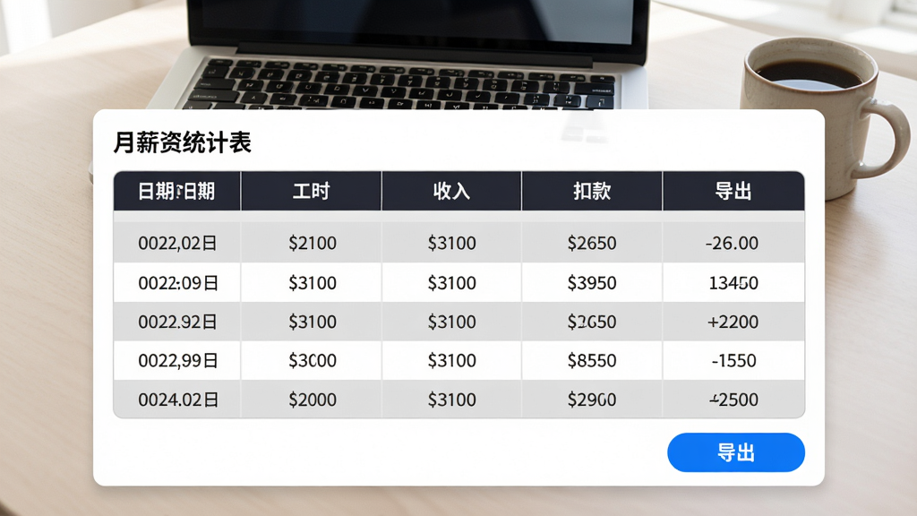 主体:“每日薪坊”APP的报表导出页面,展示一张月薪资统计表,包含日期、工时、收入、扣款等列,底部有导出按钮。布局:表格居中,背景为浅色办公桌,有笔记本电脑和咖啡杯。排版:表格线条清晰,表头深色,数据行交替浅灰。风格:商务简洁,数据可视化。细节:导出按钮为蓝色,表格数字清晰。画质:高清渲染,干净,无多余元素。