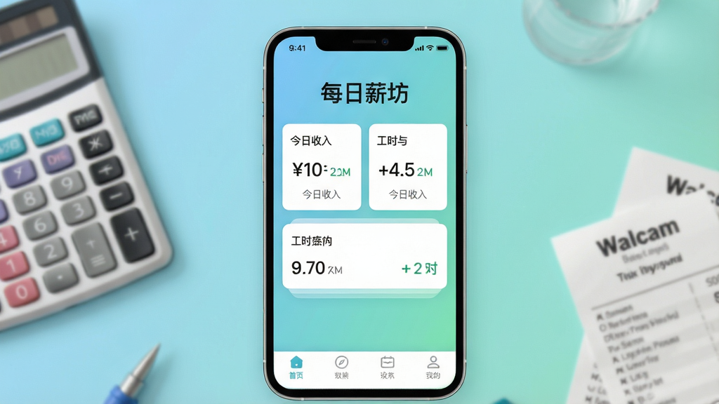 主体:一部智能手机屏幕展示“每日薪坊”APP主界面,界面顶部显示“每日薪坊”字样,中部为今日收入与工时卡片,底部为导航栏。布局:手机居中,背景为柔和渐变蓝绿色,周围有轻微工作场景元素如计算器、工资条。排版:界面信息清晰,卡片式布局,现代简约风格。细节:数字清晰可见,界面干净无多余图标。画质:高清渲染,明亮通透,干净,无多余元素。