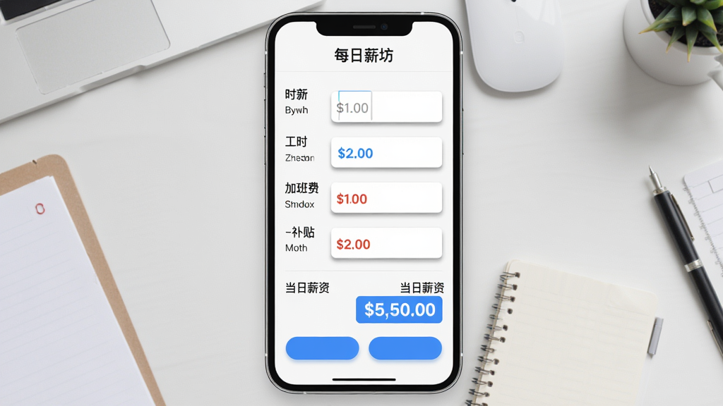 主体:“每日薪坊”APP的薪资计算页面,显示时薪、工时、加班费、补贴等输入项,下方自动计算出当日薪资。布局:页面居中,表单排列整齐,背景为淡灰色工作桌面。排版:文字左对齐,数字醒目,蓝色高亮显示最终金额。风格:扁平化UI设计,清爽商务风。细节:输入框有阴影,按钮圆角,界面无冗余元素。画质:高清,干净,无多余元素。