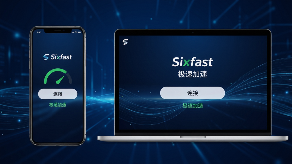 画面主体为Sixfast软件在手机和电脑上的界面展示,布局为左右分屏设计,左侧是智能手机,右侧是笔记本电脑,屏幕内均显示简洁的“连接”按钮和绿色的加速状态指示。排版以居中构图为主,背景为深蓝色科技感光效与流动的线条,风格现代简约,细节上突出“Sixfast”品牌LOGO和“极速加速”字样,画质高清,整体画面干净,无多余元素。