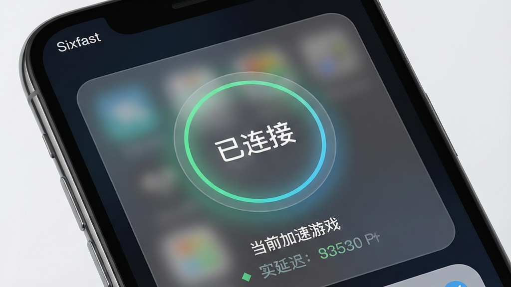画面主体为Sixfast软件在手机端运行的界面特写,布局为竖屏全屏显示,中间是大大的“已连接”圆形按钮,下方是当前加速的游戏名称和实时延迟数据。排版简洁直观,风格为毛玻璃质感,细节上按钮周围有微弱的呼吸光效,屏幕顶部状态栏显示“Sixfast”字样,画质高清细腻,背景干净无多余元素。