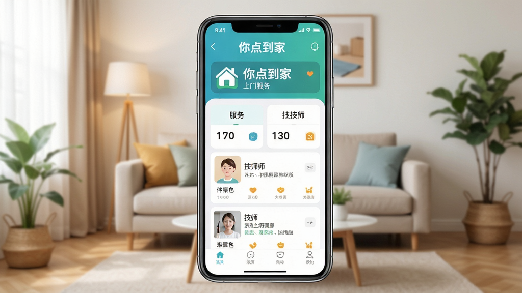 一张展示“你点到家”APP界面与上门服务场景的合成图,主体为手机屏幕内显示服务分类与技师列表,背景为温馨整洁的客厅环境,布局采用手机居中、背景虚化的方式,风格清新明亮,细节突出APP名称“你点到家”LOGO与“上门服务”字样,画质高清干净,无多余元素