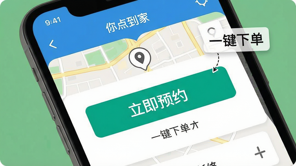一张展示“你点到家”APP一键下单流程的界面截图风格图片,主体为手机界面中醒目的“立即预约”按钮与定位地图,布局突出按钮与地图位置,风格扁平化设计,细节标注“一键下单”文字,画质清晰干净,无多余元素