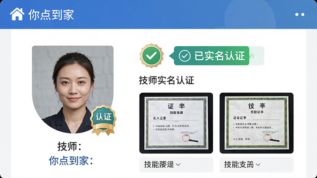 一张展示“你点到家”平台技师实名认证信息的图片,主体为技师个人资料页面,包含真人头像、认证徽章、技能证书照片,布局信息层级分明,风格简洁专业,细节突出“已实名认证”标签,画质高清,干净无多余元素