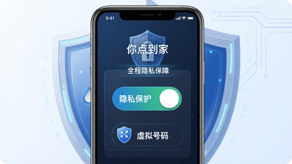 一张展示“你点到家”APP隐私保护功能的示意图,主体为手机界面中的“隐私保护”开关与“虚拟号码”标识,背景为盾牌形状的安全图标,布局中心对称,风格科技感,细节突出“全程隐私保障”字样,画质干净,无多余元素