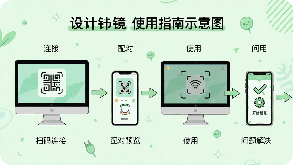 主体:Design Mirror使用指南示意图,电脑和手机连接,屏幕上显示操作步骤。布局:从左到右依次为连接、配对、使用、问题解决四个步骤。排版:流程图样式,箭头连接。风格:清爽的插画风,浅绿色背景。细节:每个步骤下方有简短文字说明,如“扫码连接”、“开始预览”。画质:高清,干净。