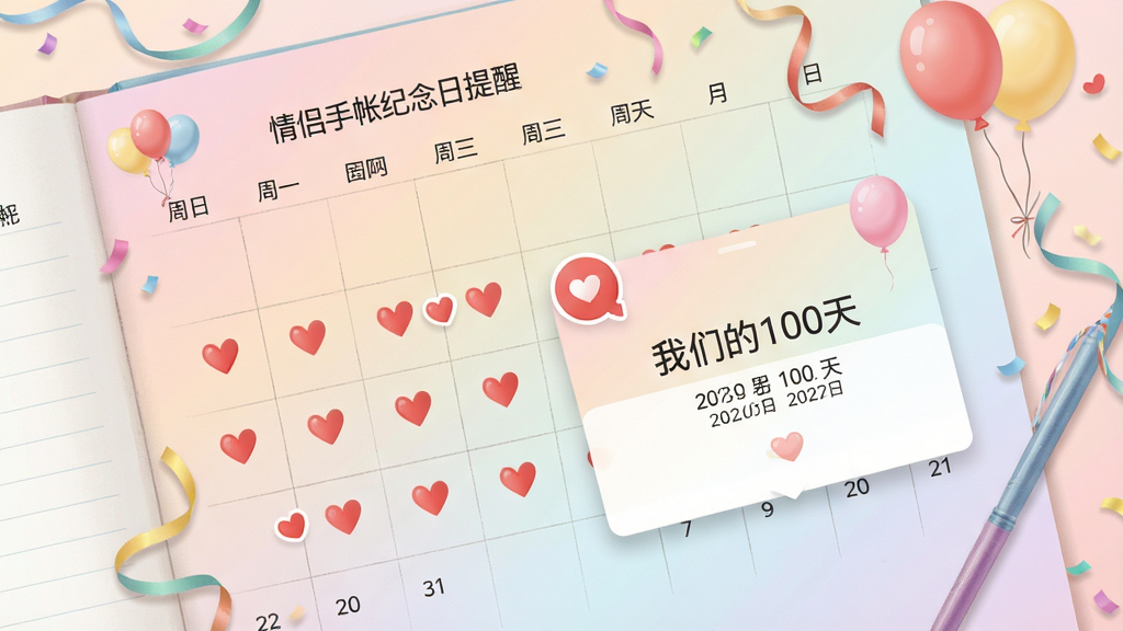 情侣手帐纪念日提醒页面,日历视图上标记了红色爱心,点击某一天弹出详情卡片,显示“我们的100天”和日期,背景为柔和的渐变色,界面设计简洁大方,有气球和彩带装饰,画质精美,无多余元素